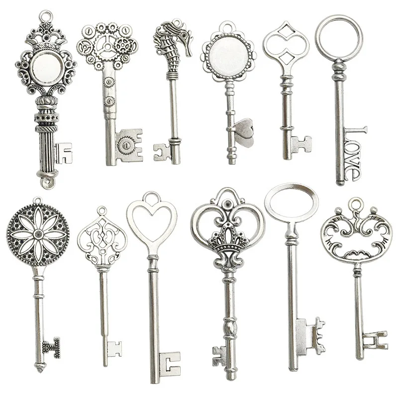 2szt Vintage Large Crown Love Heart Key Pendants Charm For Jewelry Making Antique Silver Plated Big Key Charm Pendant Key Retro