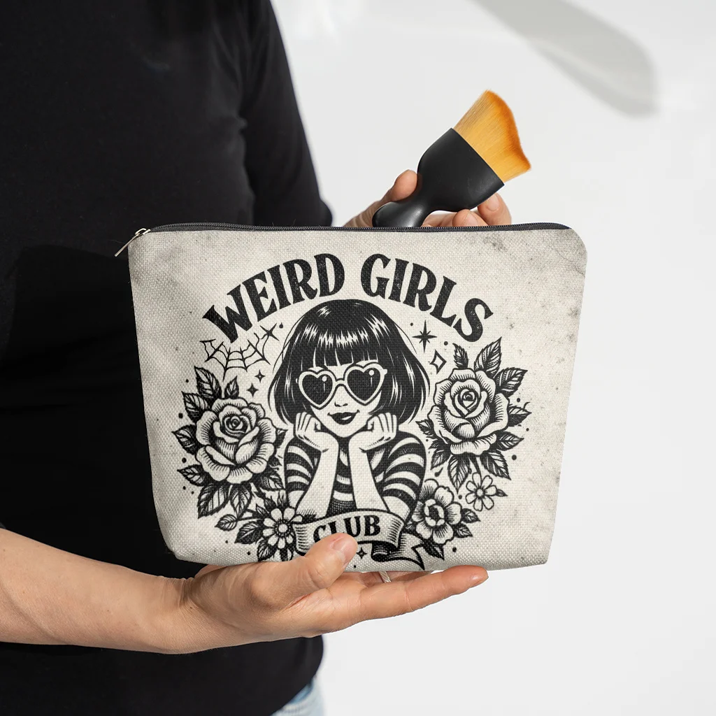 Weird Girls Club Design Linen Cosmetic Bag with Zipper Closure Large Capacity Toiletry Pouch Fashion Wallet Portable Storage Bag
