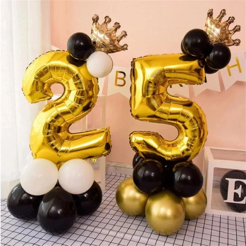 16pcs Chrome Gold Black 32inch Number Foil Column Balloon Birthday Party Decorations Kids Boy Girl 1 2 3 4 5 6 7 8 9 Year Old