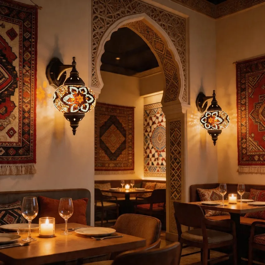Vintage exotic-themed coloured glass wall lamps restaurant hotel B&B clothing store Turkish wall sconces lights fixtures