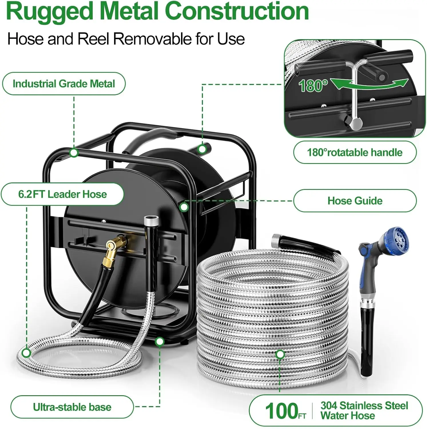 

Heavy Duty Metal Garden Hose Reel With 100 Ft 304 Stainless Steel & Aluminum Nozzle, Wall Mount/Floor Water Pipe Spool,Hot Sale