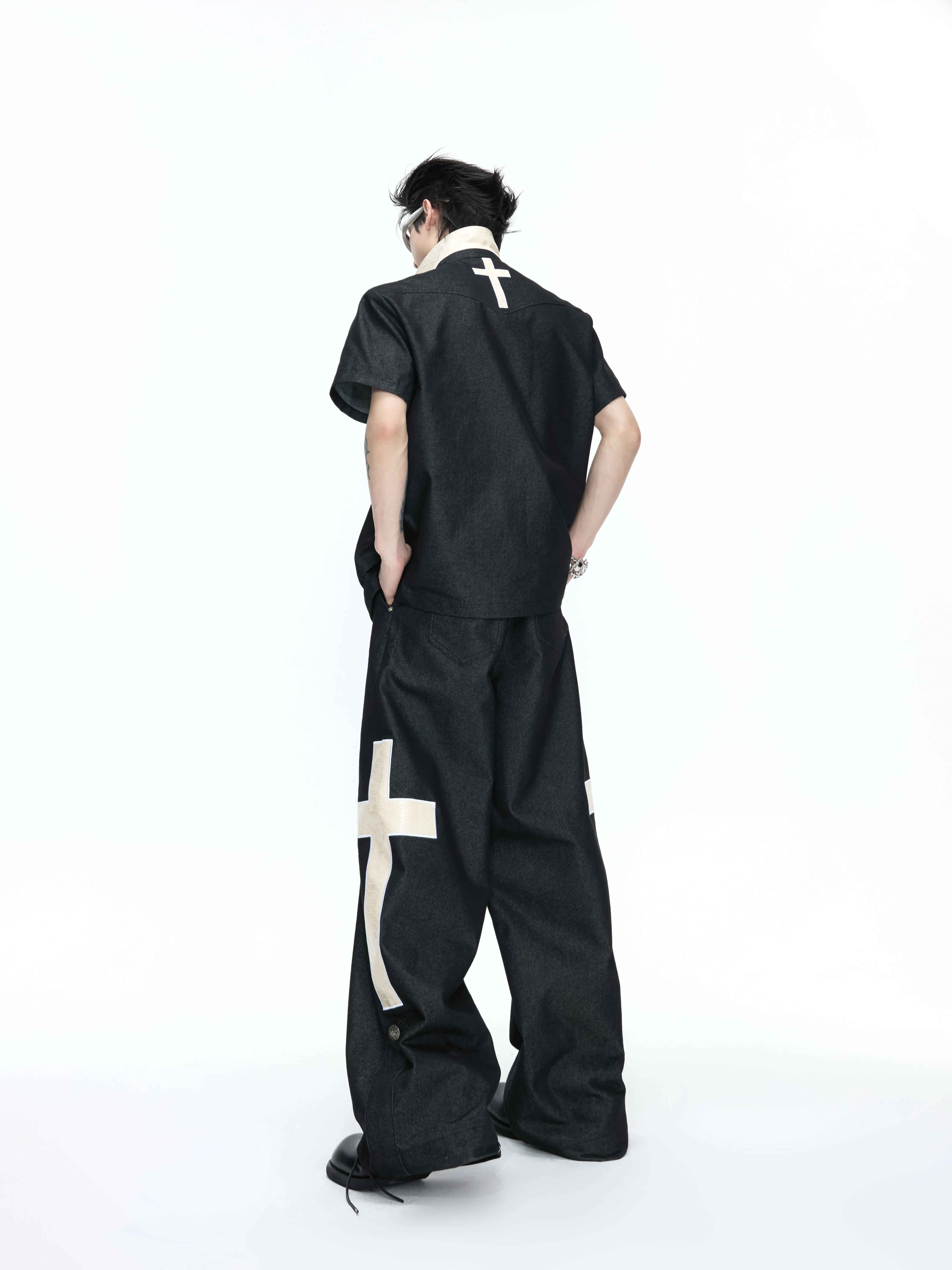 ArguE Dunhuang Double Button Court Shoulder  Shirt Leather Collar Cross Short Sleeve Thin Original Jeans Set for Men