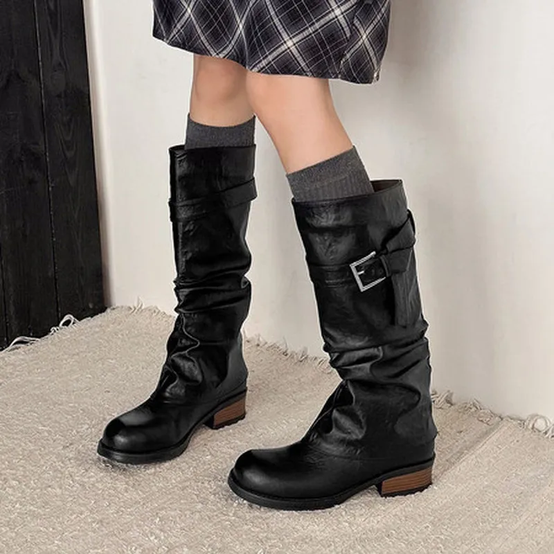 Women Cow Leather Slouch Western Riding Boots Round Toe Chunky Mid Heel Buckle Dual Pig Silk Fleece Lining Rubber SoleF94