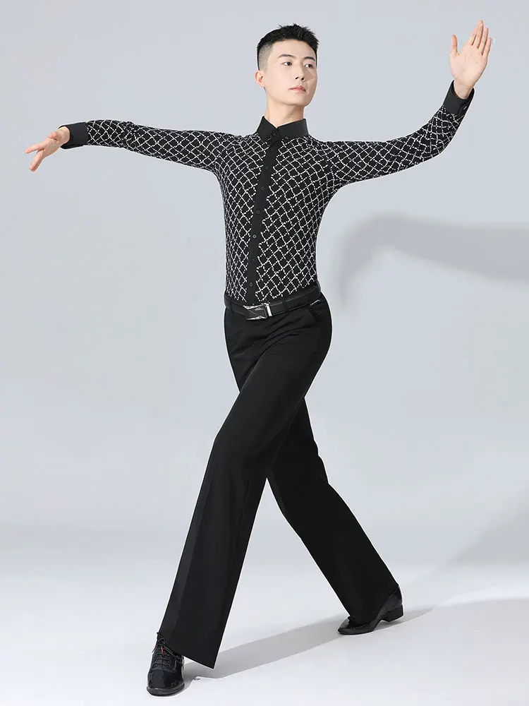 2025 قميص الرقص الحديث أداء جديد أسود طويل الأكمام الرجال قميص وسيم الفالس الأعلى
