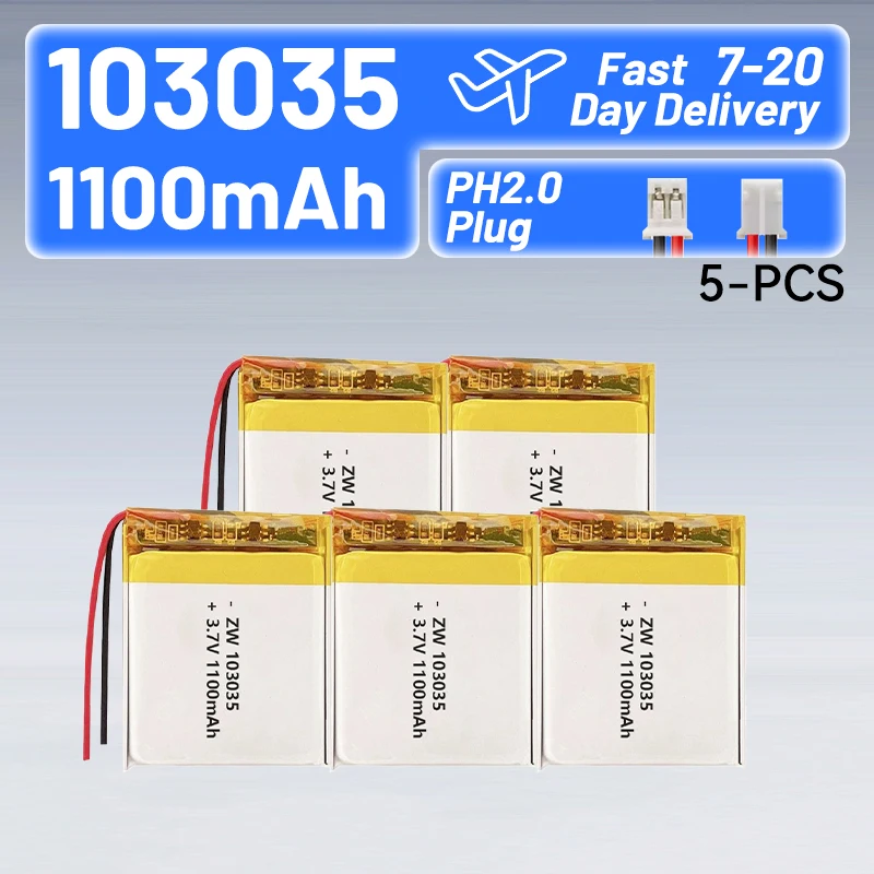 103050 3.7V 1100mAh PH2.0 Lithium Polymer Li-ion Battery for Bluetooth Speaker GPS Dash Cam Camera MP4 MP5