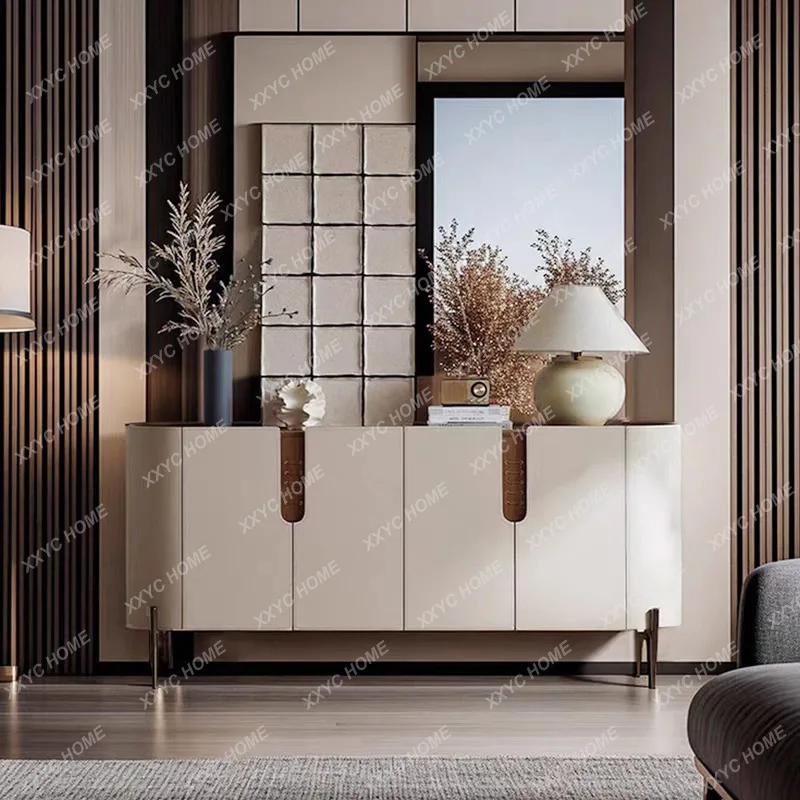 Mueble de entrada DD Home, aparador ovalado con losa de roca, armario con puerta de cuero de asiento de caballo