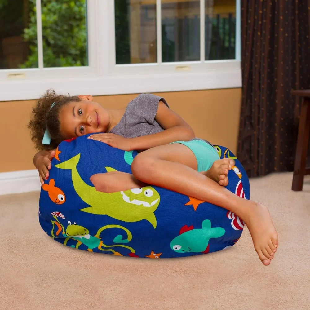 Medium Bean Bag Chair, 27in Canvas Sea Creatures on Blue, Soft Washable Cover for Kids and Adults