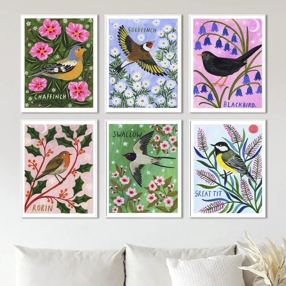 Goldfinch Sparrow Blackbird Robin Swallow Daisy Wall Art Canvas Painting Posters And Prints Wall Pictures For Living Room Decor