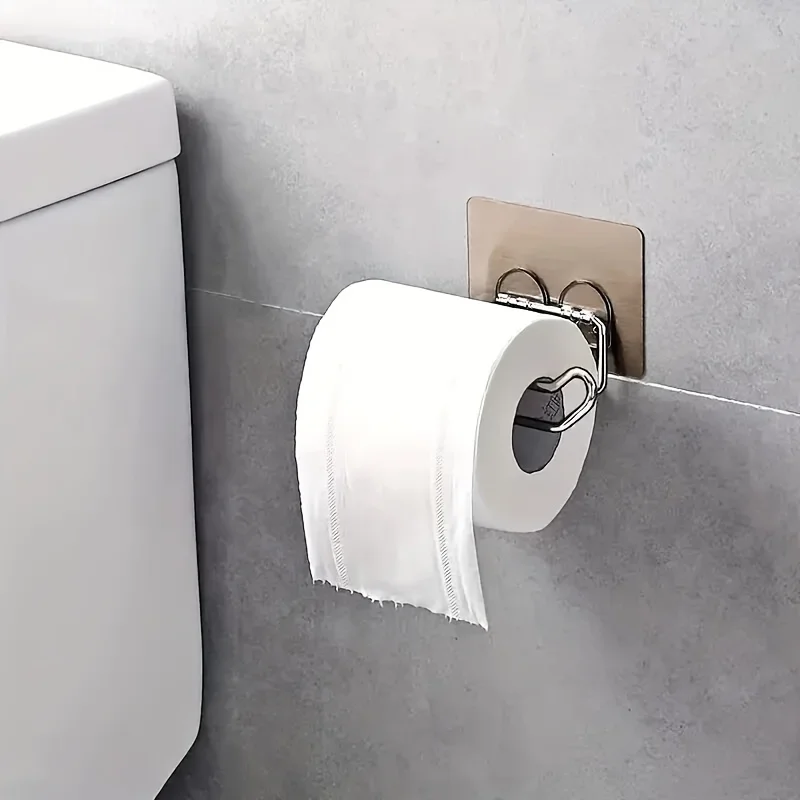 1pc Tissue Dispenser Multifunction Toilet Kitchen Roll Paper Holder,Stainless Steel Repeatedly Washable Stick Hooks Rack