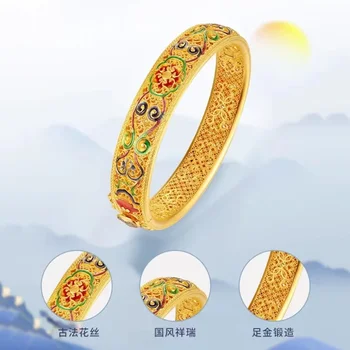 9999 real gold 24K yellow gold dragon and Phoenix Chengxiang enamel bracelet open bracelet women&#x27;s elegant bracelet