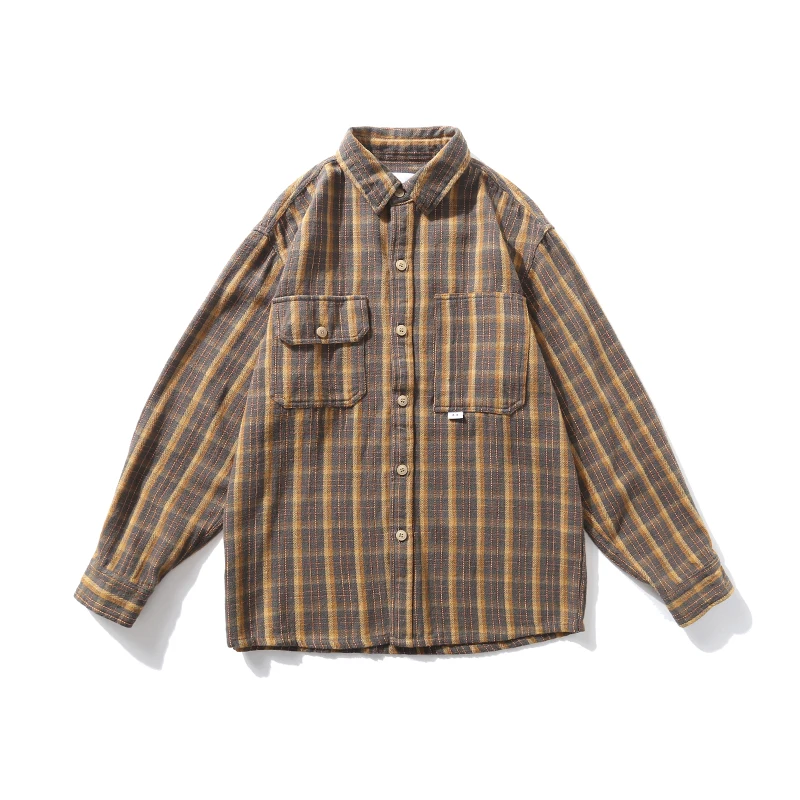 Spring Autumn Korean Style Casual High Quality Khaki Plaid Shirt Men Clothing Harajuku Coats Japanese Streetwear Vintage Clothes