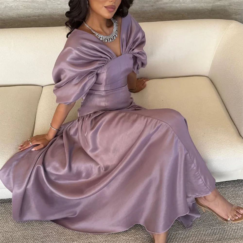 

Customized V-Neck Evening Dresses Backless Pleat Draped mermaid Prom Gown Simple Off The Shoulder Satin Long Party Dress