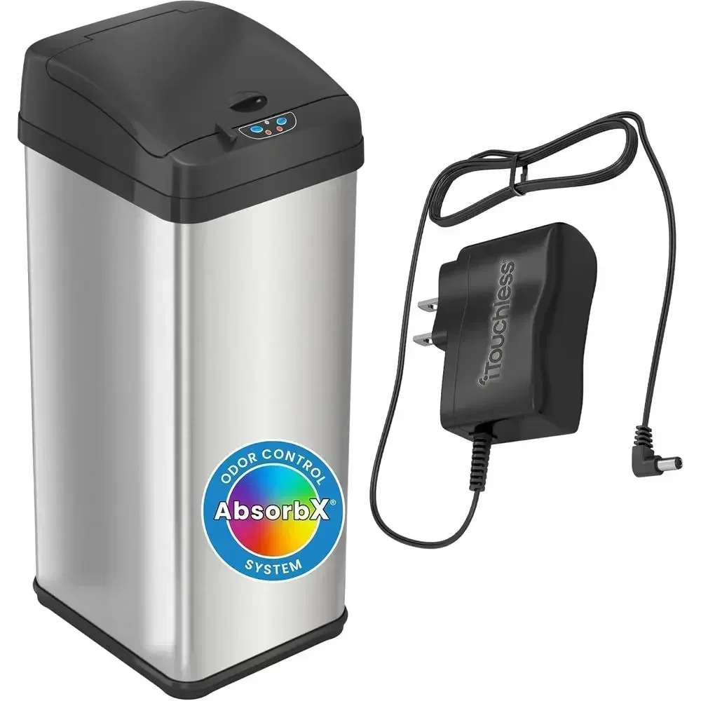 13 Gallon Sensor Touch Trash Can with AC Power and Odor Control, Stainless Steel, Extra-Wide Lid Kitchen Bin