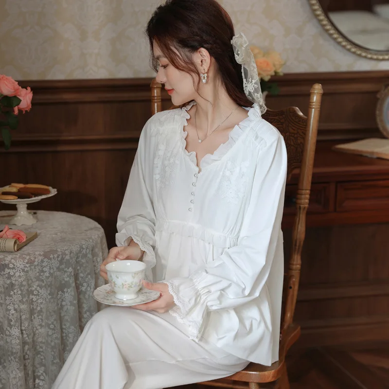 Autumn Cotton Tops Pants Loungewear Fairy Princess Sleepwear Vintage Long Sleeve Pajamas Women Sweet Lace Round Neck Pajama Sets