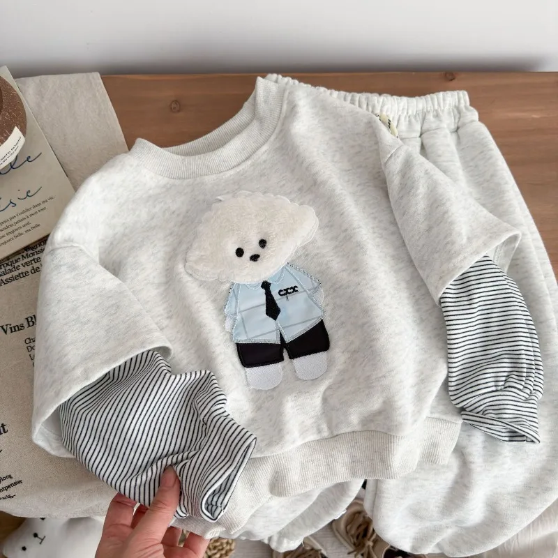 RAISE Herbst 1-12 Jahre Kinder Jungen 2-teiliges Kleidungsset mit Hundeaufdruck, Kinder Jungen Fake Two Piece Oberteil + Hose, Outfits, Teenager Jungen Trainingsanzüge – Detail 4