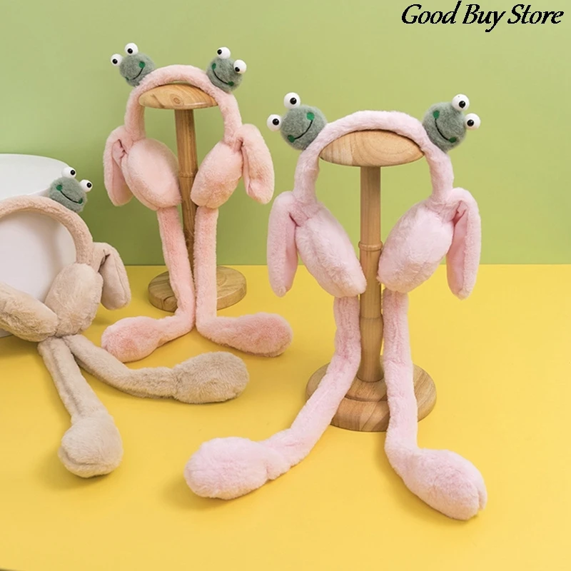 Unisex Winter Earmuffs With Moving Ears Cute Frog Earmuff Soft Plush Headphones Skiing Skating Cold Protection Ear Covers Funny