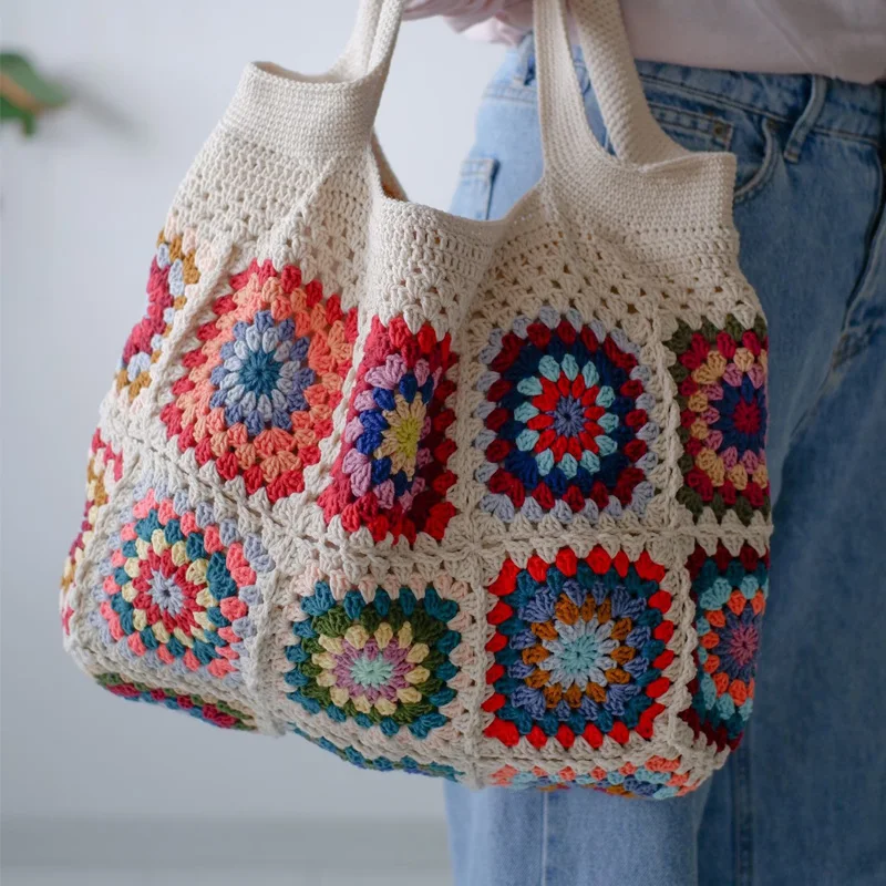 Colorful Boho Chic Granny Square Crochet Woven Handbags For Women Beige Blue Market Bag Vintage Style Hippie Summer Beach Purse