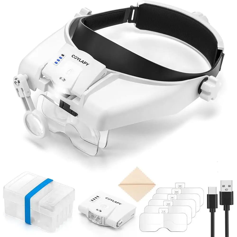 Hands-Free Magnifying Glasses with Light 14X Magnification Adjustable Headband two LED Lights Jewelers Hobbyists Crafts