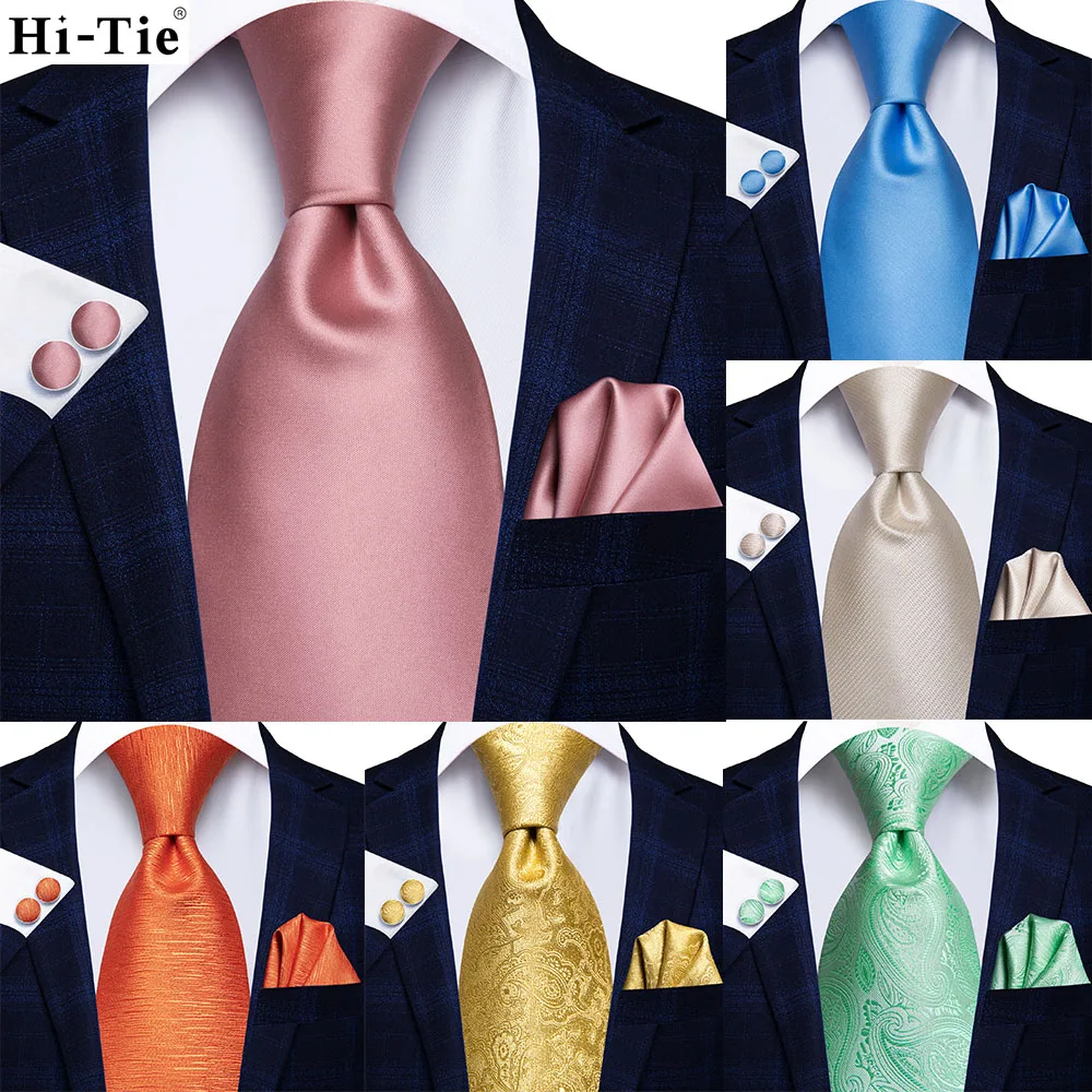 Hi-Tie Coral Gold Light Blue Solid Design Silk Wedding Tie For Men Quality Hanky Cufflink Fashion Men Tie Business Dropshipping