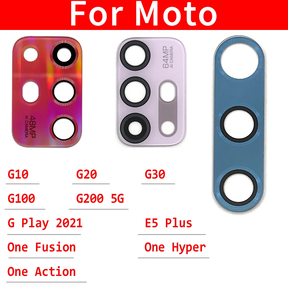 Nueva lente de cristal de cámara trasera con pegamento adhesivo para Moto One Hyper Fusion Action G10 G20 G30 G100 G200 5G E5 Plus G Play 2021