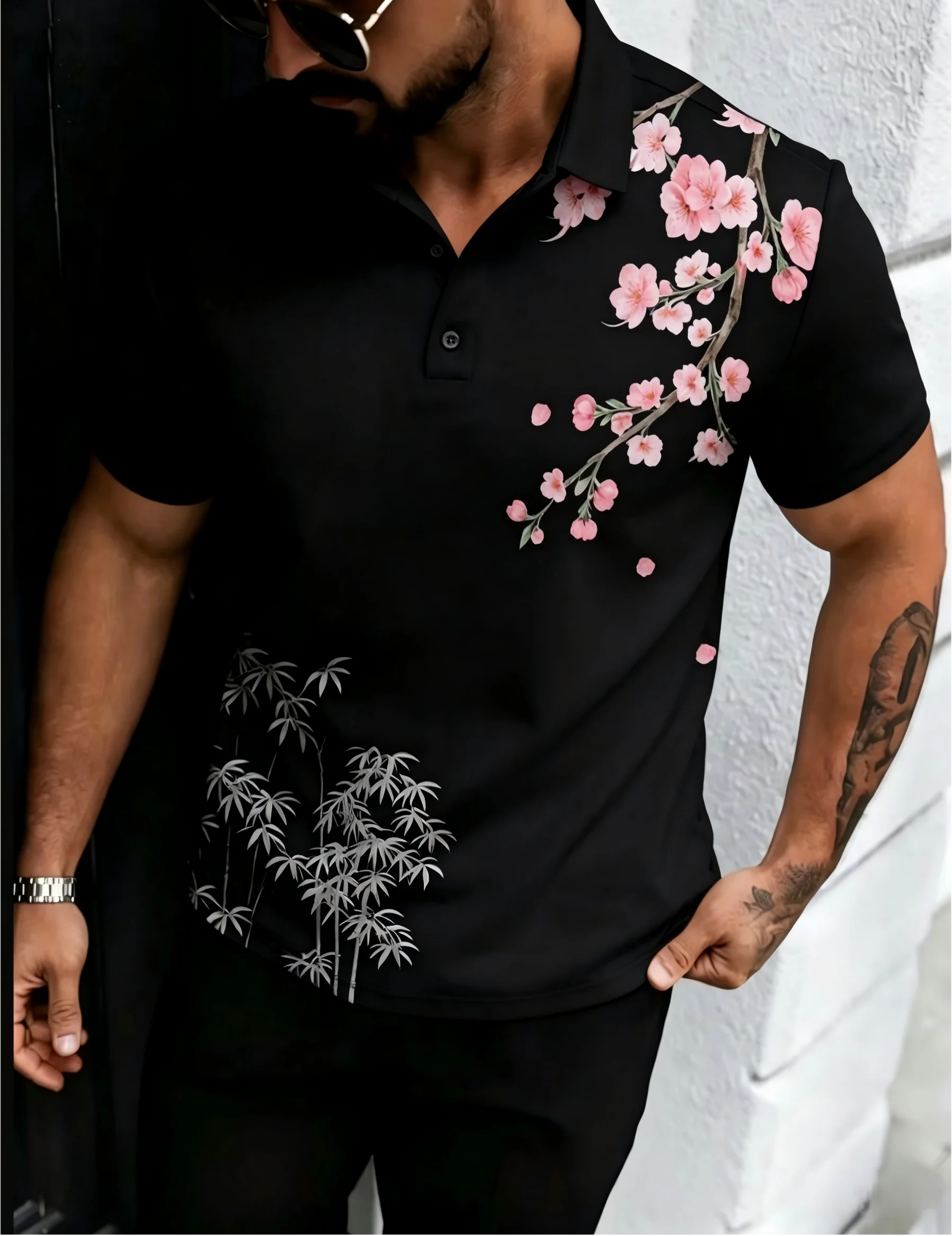 American Men's Summer Plum Blossom Branch Letter Print Micro Elastic Breathable Polo Short Sleeved T-Shirt Outdoor Casual Top