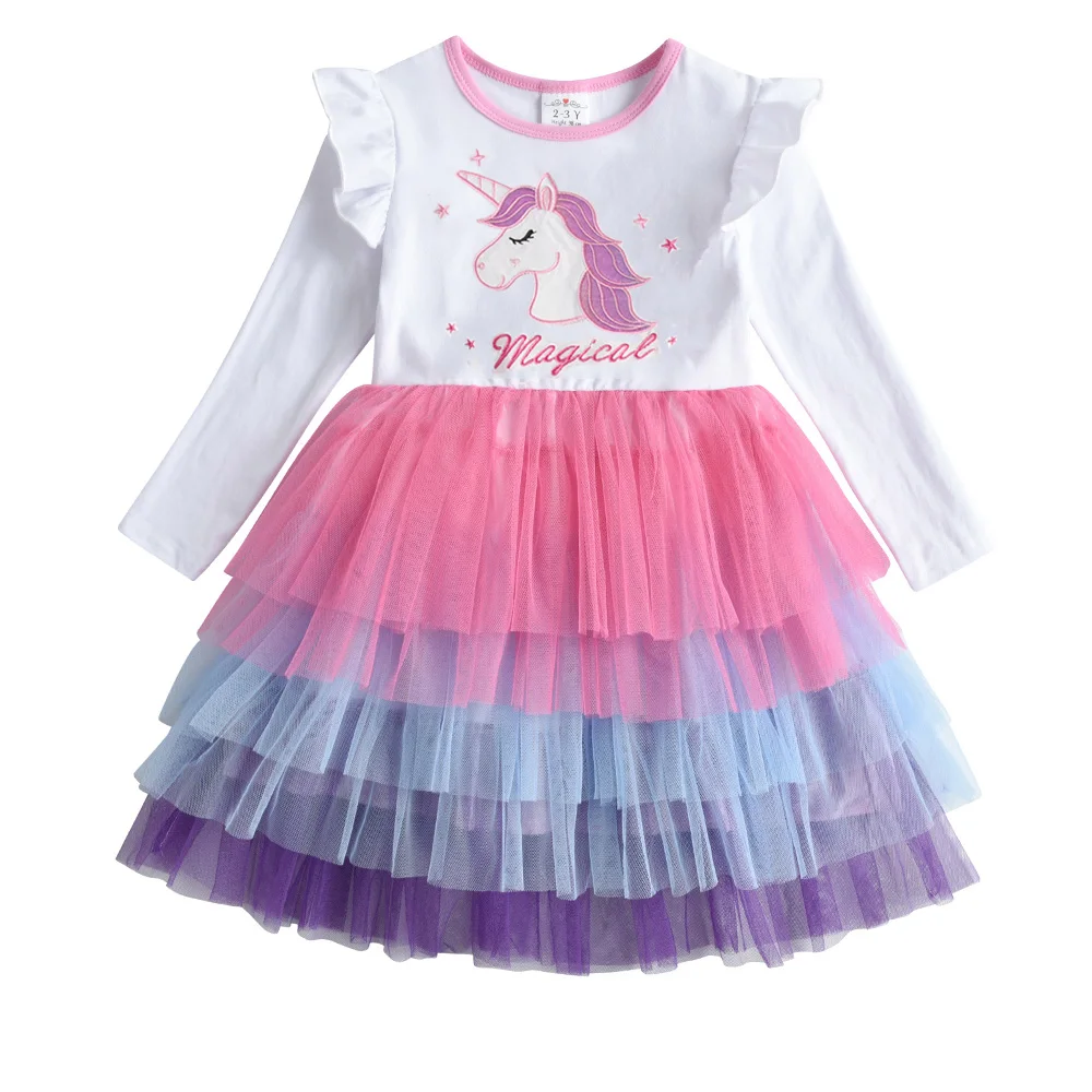 Mädchenkleid mit Einhorn-Stickerei, Langarm, Kinderkleid mit Farbverlauf, Ombre-Tüll-Tutu, Prinzessinnen-Partykleid für Körpergröße 116-128 cm – Detail 1