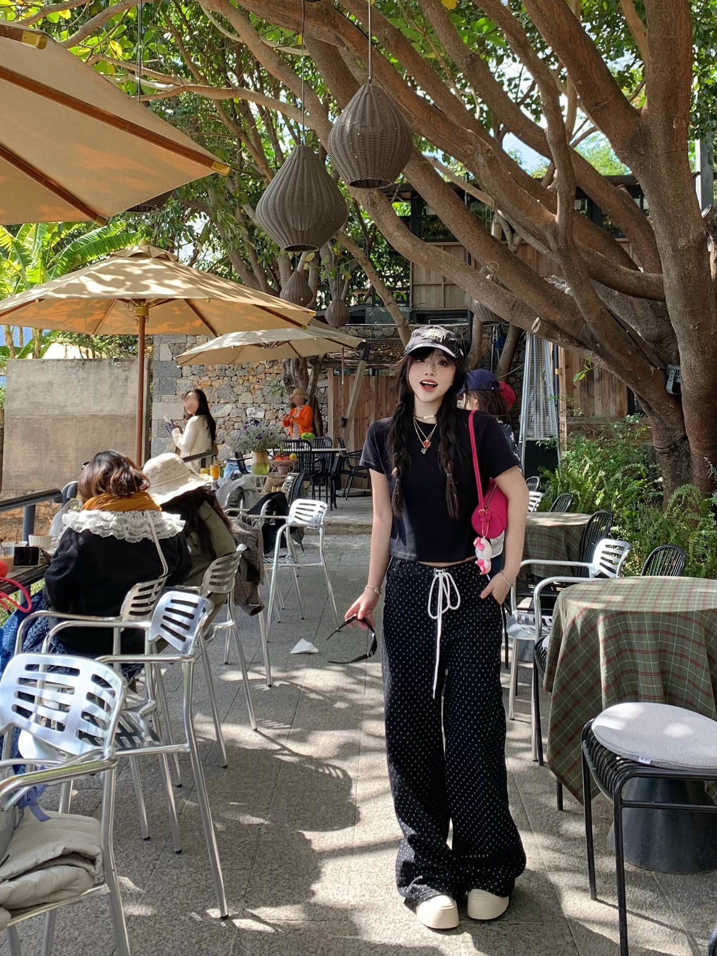 

Black Polka Dot Straight Leg Casual Jeans Women Loose Slimming Floor-Length Drawstring Natural Waist Denim Pants