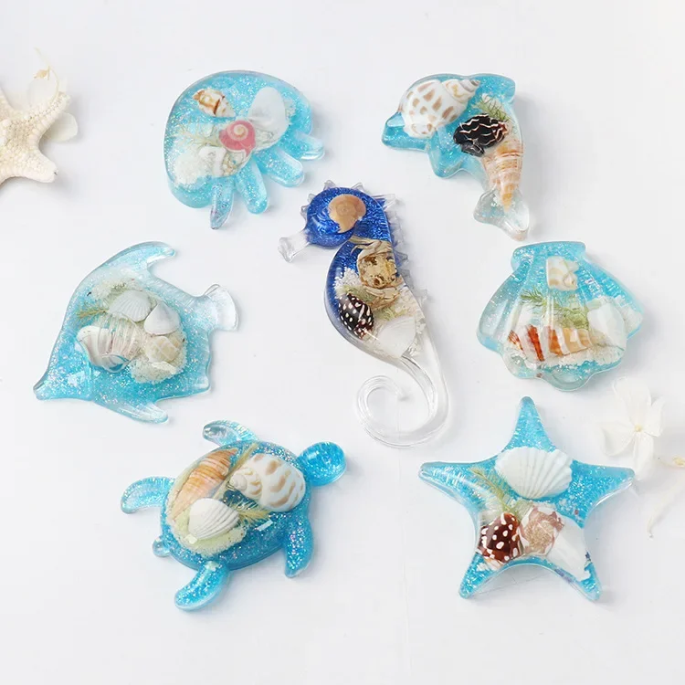 Ocean-themed refrigerator stickers, creative gifts for seahorses and turtles, real shells and starfish three-dimensional travel