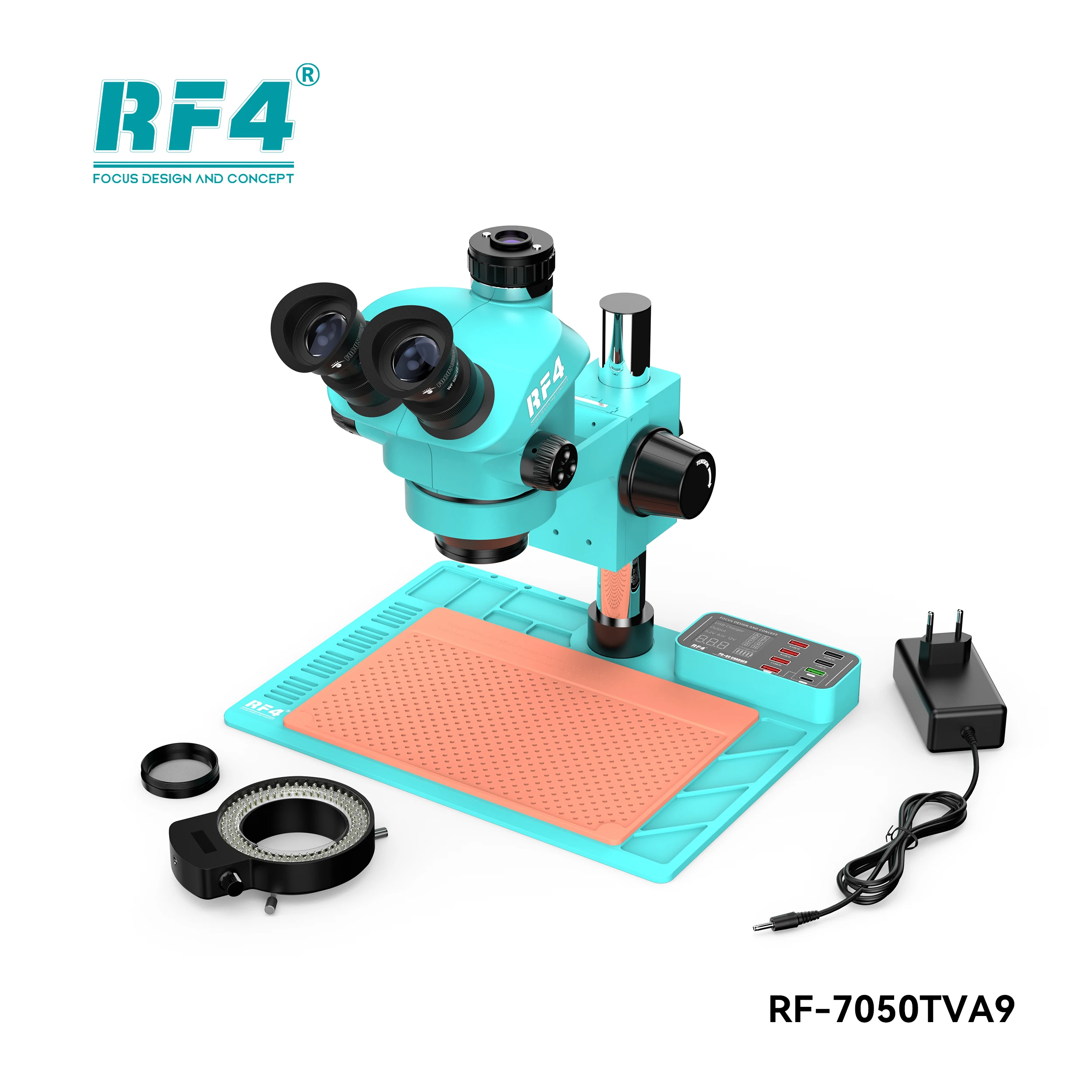 RF4 Latest Product, The 7X-50X Triocular Microscope RF-7050TVA9, Has Multiple USB Interfaces Integrated Into The Base