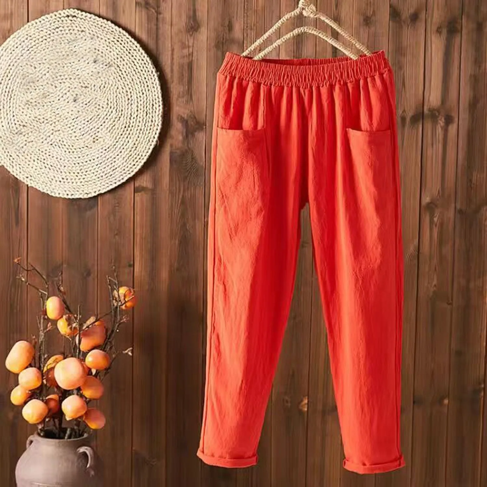 

Pockets Elastic Waist Wide Leg Trouser Harem Pants Summer Loose Female Thin Casual Pants Vintage Women Clothing Solid Simple