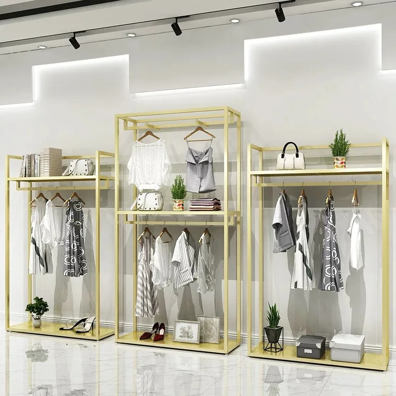 Double Layer Iron Wood Clothing Rack Floor Standing Display Stand for Boutique Retail Shop Men Women Apparel Garment Hanger