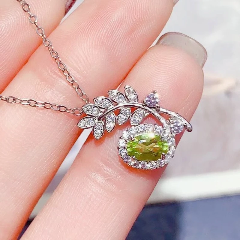 

925 Silver Natural Peridot Pendant with Certificate 6mm*4mm 0.5ct Genuine Peridot Jewelry Sterling Silver Gemstone Jewelry