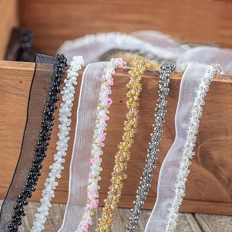 1Yard Handmade Mesh Lace  Edge Trims Beaded Lace fabric Ribbon Dress Belt Sash Ribbon Bridal Applique Sewing Glass Bead Braided