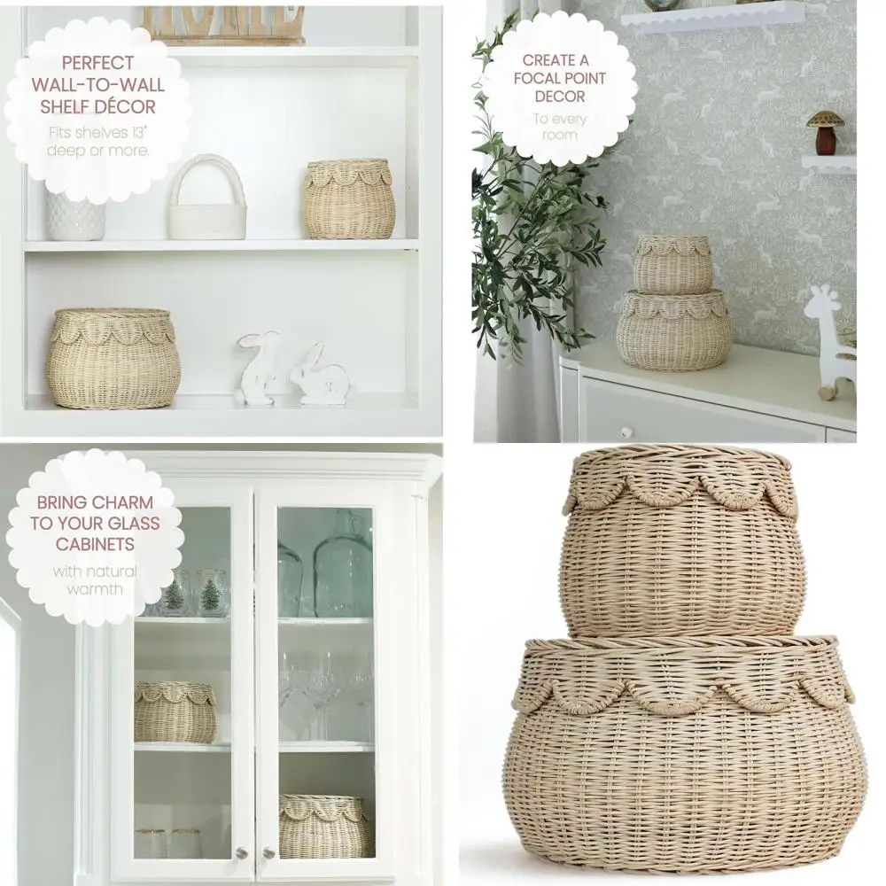 

Пара круглых корзин из натуральной плетеной ткани с крышками — зубчатый край, стиль бохо для дома и подарков