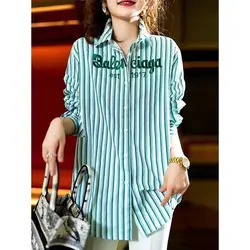 Spring and Autumn Women's POLO Neck Stripe Embroidered Button Loose Fit Medium Long Sleeve Shirt Fashion Elegant Commuter Tops