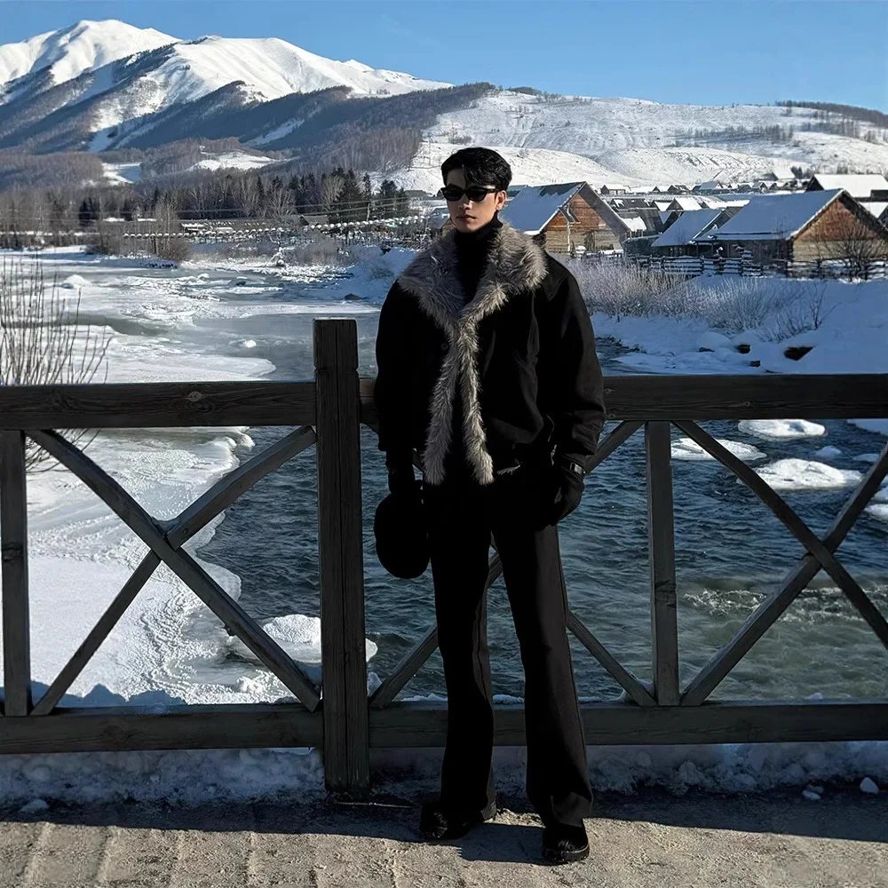 سترة رجالي مبطنة بالقطن من فراء النسر شتوية سميكة ودافئة وطية صدر السترة على الطراز الأمريكي تصميم معطف سترة ملابس خارجية