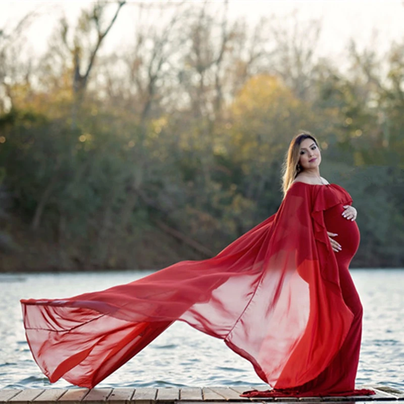 New Summer Maternity Photography Props Long Dress With Cape Slash Neck Stretchy Fitting Maternity Dresses For Photography