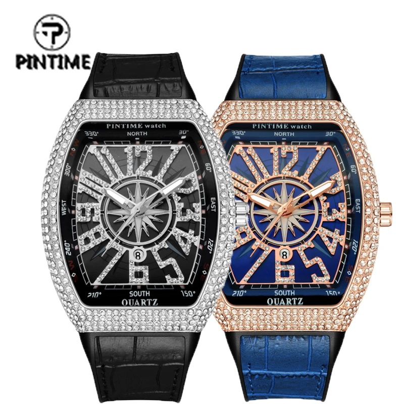 

PINTIME Top Brand Iced Out Diamond Men's Quartz Watch High-end Hip Hop Leather Strap Wristwatch Popular Item Six Colors