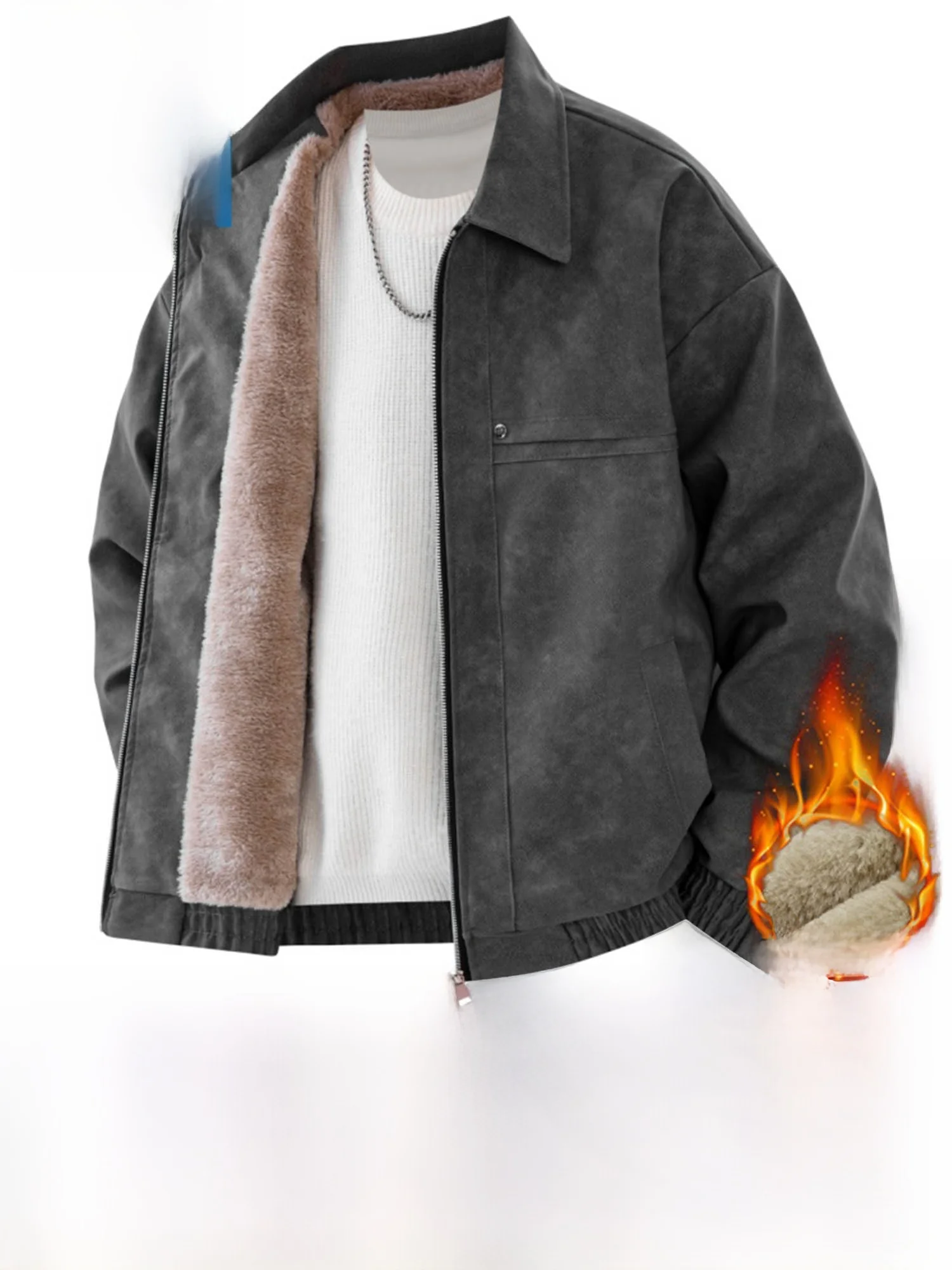 

True Weave American Retro Collar Thiened Fce Men's Jaet Leather Coat Autumn Winter Busin Casual Long Sve Zipper