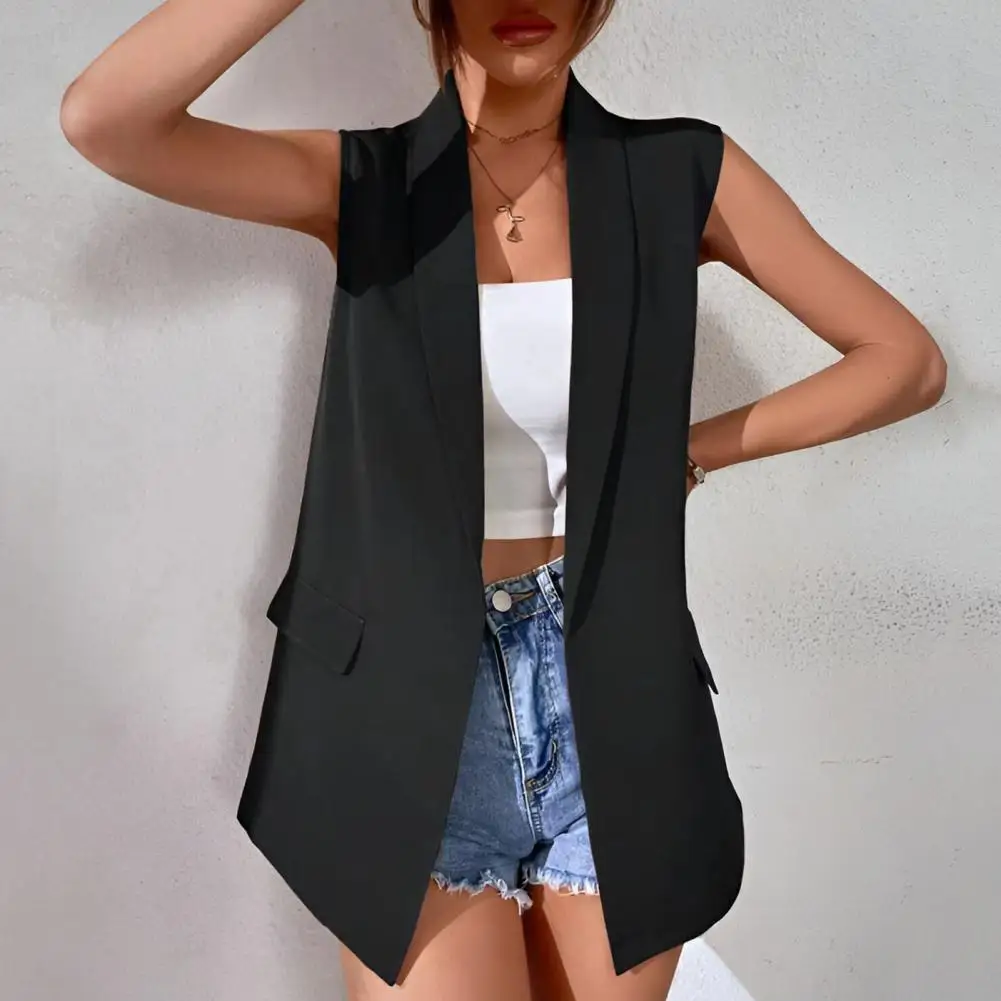 Breathable Suit Vest Elegant Lapel Sleeveless Women's Suit Vest with Flap Pockets Mid-length Solid Color Business Work Waistcoat