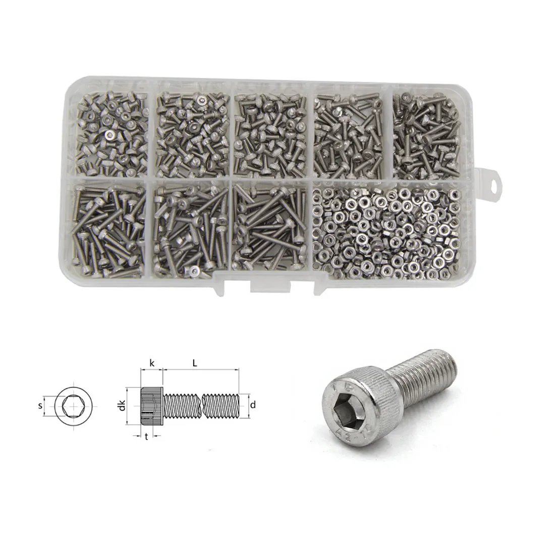 260/680Pcs M1.6, M2, M2.5, M3, M4 304 Stainless Steel Hex Socket Cap Head Screws & Nuts Assortment Kit DIN912
