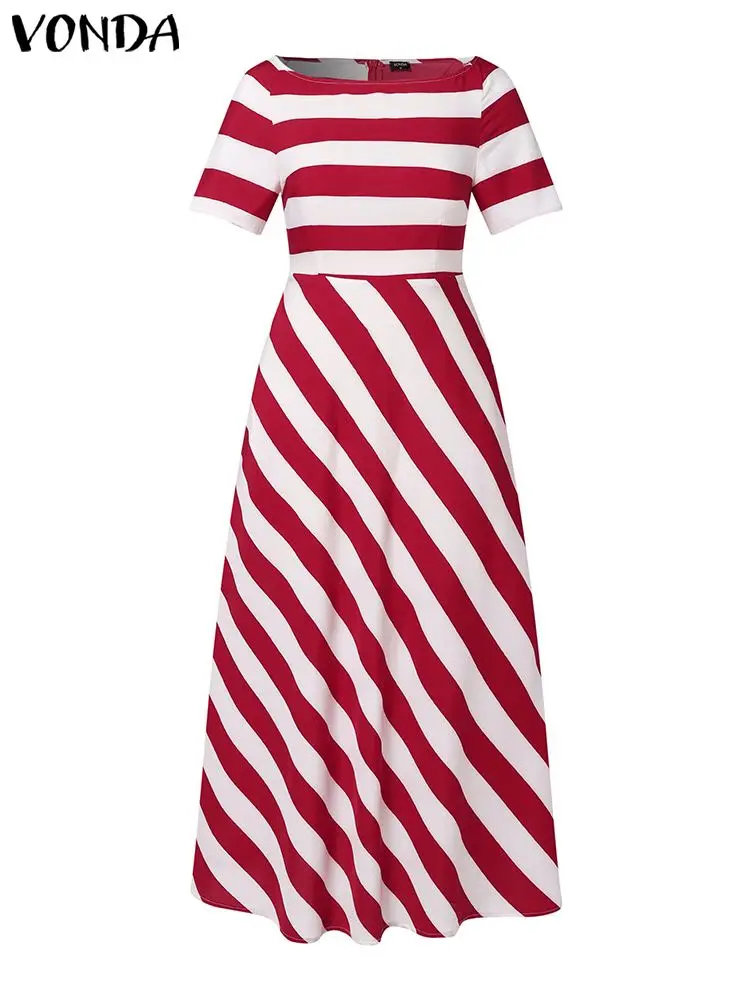 Plus Size VONDA Sexy Off Shoulder Maxi Dress Women Casual Stripe Printed Long Sundress Elegant Short Sleeve Bohemian Vestidos