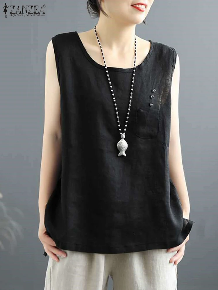 2024 ZANZEA Fashion Sleeveless Tanks Tops Summer Women Blouse Vintage Camis Casual Holiday Tees Female Elegant Work Shirt Mujer