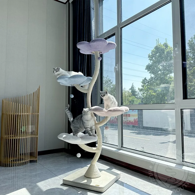 

Рамка для лазания с цветком тигра и котом, большая платформа для прыжков, гнездо, дерево, сизаль, шлифовальные когти, колонна для царапин