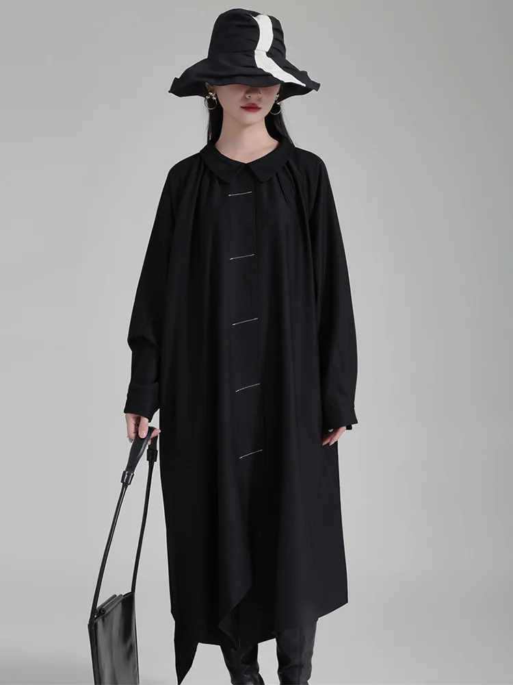 [EAM] Women Black Big Size Midi Shirt Dress New Peter Pan Collar Long Sleeve Loose Fit Fashion Tide Spring Autumn 2024 1DH2780