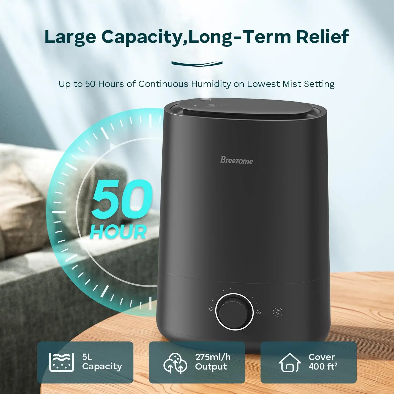 Ultrasonic 5L Humidifier 400ft² Aroma Essential Oil Fragrance 250ml/h 360 Degree Misting for Living Room Bedroom Office 30dB