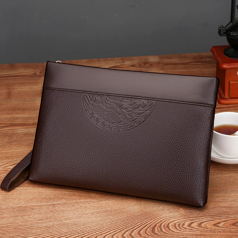 Fashion Men's Handheld Bag Business Large Capacity Retro Soft Face Leather Clip Casual Fashion Handheld Bag Zipper Bag Wallet
