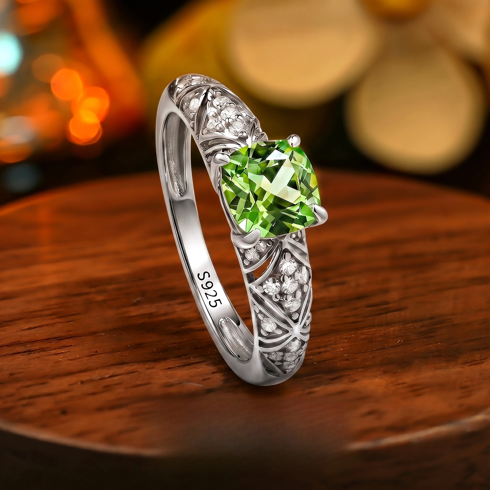 

S925 silver ring 1ct light green tourmaline zircon inlaid hollow carved flower women's jewelry fashionable