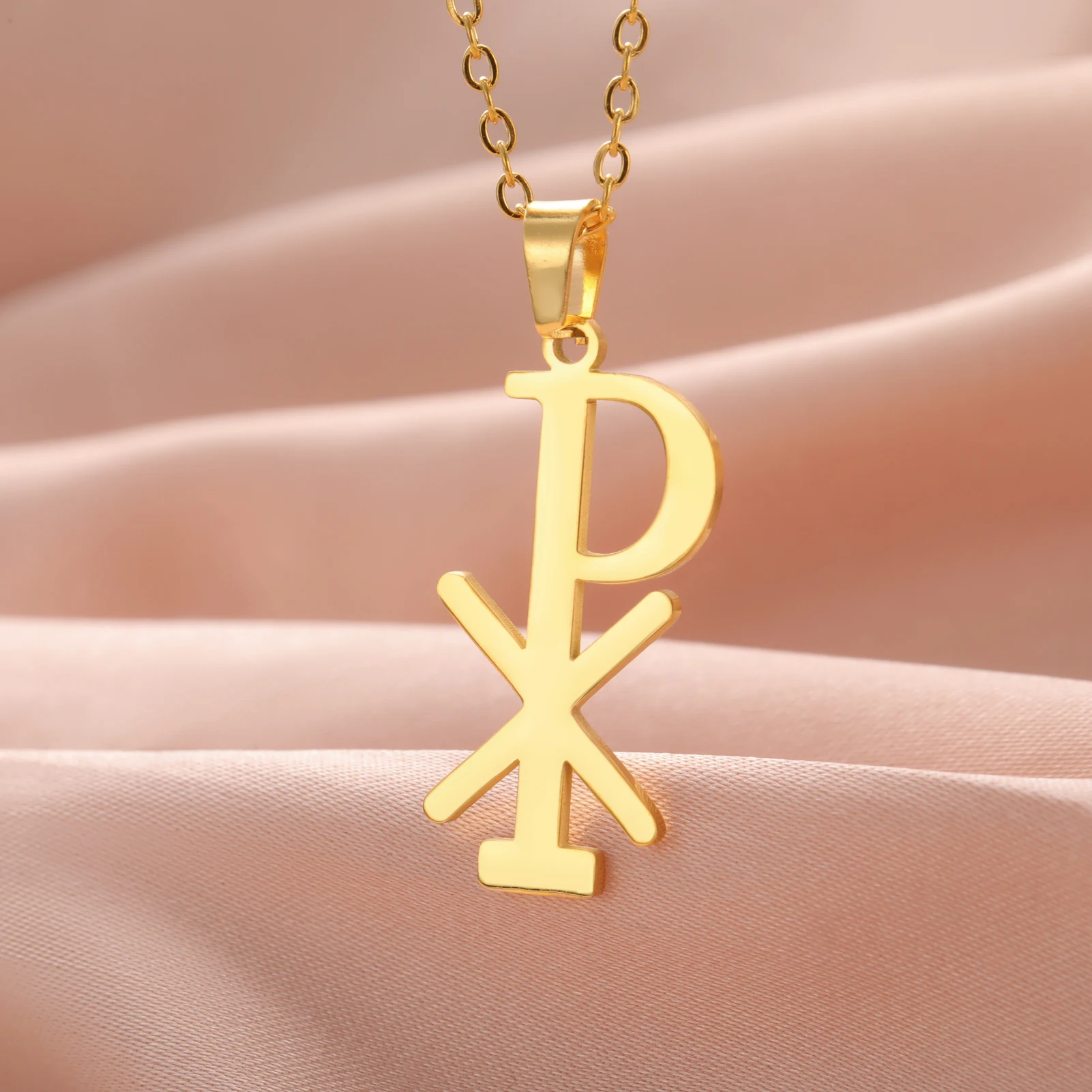 LIKGREAT Chi-Rho Christian Christogram Pendant Necklaces Women Men Stainless Steel Religious Amulet Choker Roman Unique Jewelry