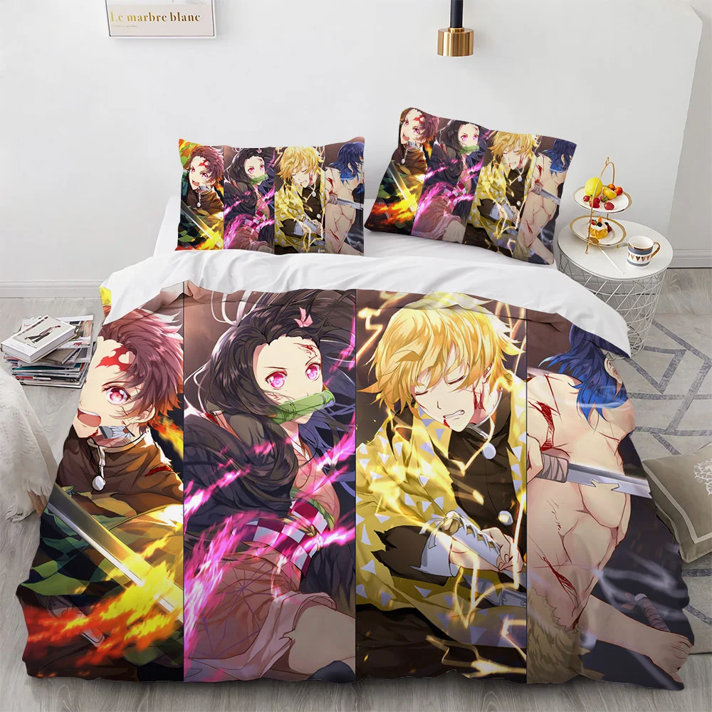 Demon Slayer Bedding Set Cartoon Anime Kamado Tanjirou Nezuko Rengoku Giyuu Duvet Cover Pillowcases Kids Comforter Bedroom Decor